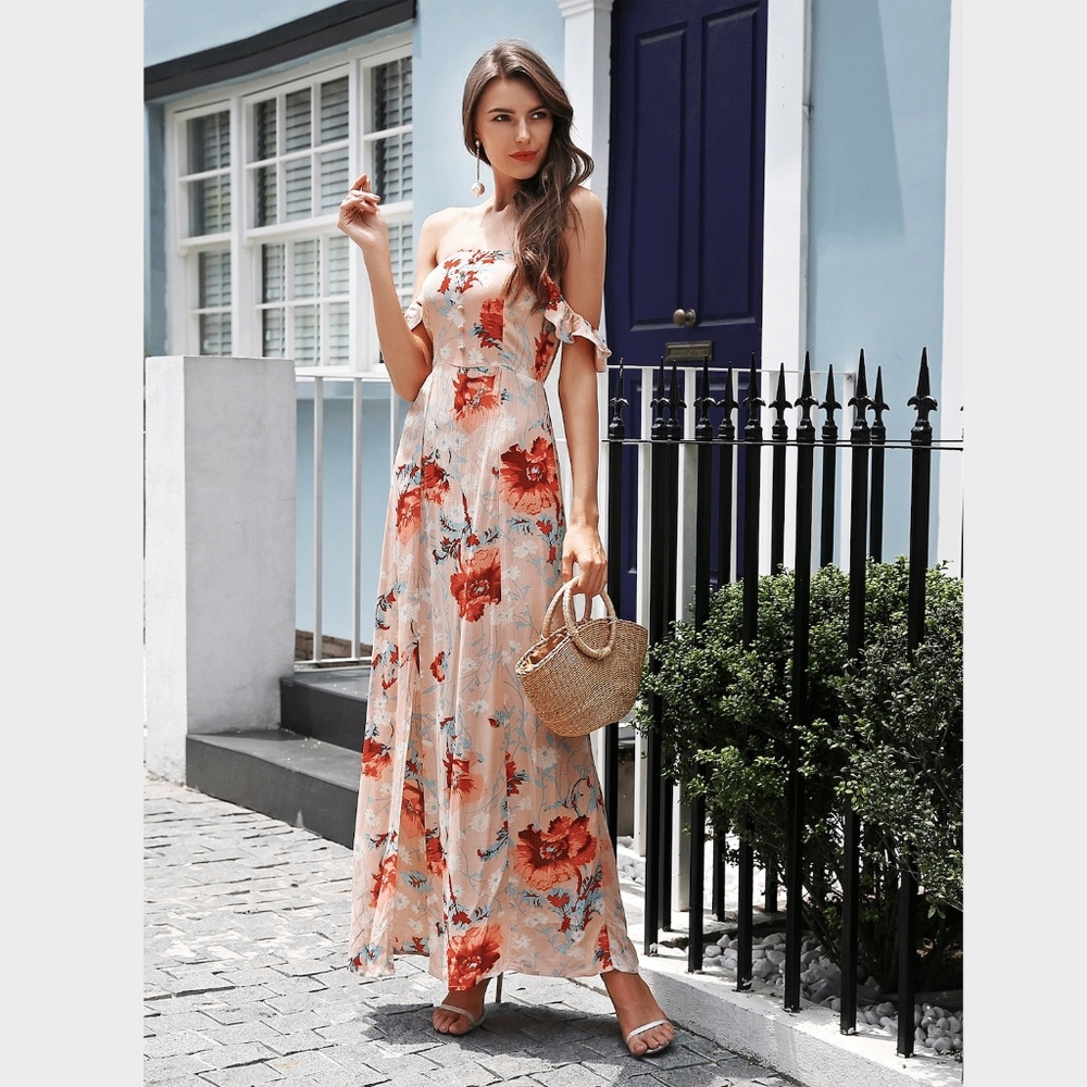 Boho Floral Off Shoulder Maxi High Slit Dress - Picture 2 of 7